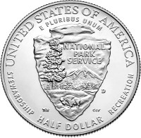 reverse of 1/2 Dollar - 100th Anniversary of the National Park Service (2016) coin with KM# 644 from United States. Inscription: UNITED STATES OF AMERICA E PLURIBUS UNUM NATIONAL PARK SERVICE D STEWARDSHIP HALF DOLLAR RECREATION