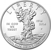 United States coin 1 Dollar - 100th Anniversary of the National Park Service (2016) obverse obverse of 1 Dollar - 100th Anniversary of the National Park Service (2016) coin with KM# 645 from United States. Inscription: LIBERTY 1916 2016 IN GOD WE TRUST P NATIONAL PARK SERVICE CENTENNIAL