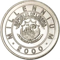Liberia coin 1 Dollar - Millennium: Year of the Dragon (2000) obverse obverse of 1 Dollar - Millennium: Year of the Dragon (2000) coin with KM# 612 from Liberia. Inscription: MILLENNIUM REPUBLIC OF LIBERIA THE LOVE OF LIBERTY BROUGHT US HERE REPUBLIC OF LIBERIA · 2000 ·
