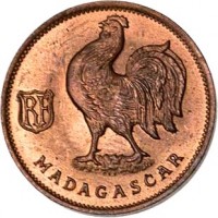 obverse of 50 Centimes (1943) coin with KM# 1 from Madagascar. Inscription: RF MADAGASCAR