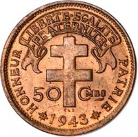 Madagascar coin 50 Centimes (1943) reverse reverse of 50 Centimes (1943) coin with KM# 1 from Madagascar. Inscription: LIBERTE · EGALITE · FRATERNITE · HONNEUR PATRIE 50 Cmes 1943
