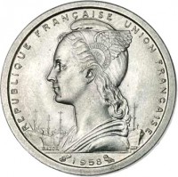 obverse of 1 Franc (1948 - 1958) coin with KM# 3 from Madagascar. Inscription: REPUBLIQUE FRANCAISE UNION FRANCAISE 1958