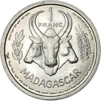 reverse of 1 Franc (1948 - 1958) coin with KM# 3 from Madagascar. Inscription: 1 FRANC MADAGASCAR