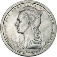 obverse of 2 Francs (1948) coin with KM# 4 from Madagascar. Inscription: REPUBLIQUE FRANCAISE UNION FRANCAISE 1948
