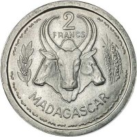 reverse of 2 Francs (1948) coin with KM# 4 from Madagascar. Inscription: 2 FRANCS MADAGASCAR