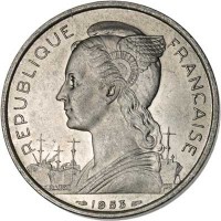 obverse of 5 Francs (1953) coin with KM# 5 from Madagascar. Inscription: REPUBLIQUE FRANÇAISE 1953