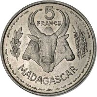 Madagascar coin 5 Francs (1953) reverse reverse of 5 Francs (1953) coin with KM# 5 from Madagascar. Inscription: 5 FRANCS MADAGASCAR
