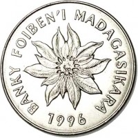 obverse of 5 Francs (1996) coin with KM# 21 from Madagascar. Inscription: BANKY FOIBEN'I MADAGASIKARA 1996
