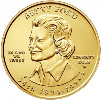 United States coin 10 Dollars - Betty Ford (2016) obverse obverse of 10 Dollars - Betty Ford (2016) coin with KM# 628 from United States. Inscription: BETTY FORD IN GOD WE TRUST LIBERTY 2016 W 38th 1974-1977