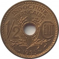 reverse of 1/2 Cent (1935 - 1940) coin with KM# 20 from French Indochina. Inscription: INDOCHINE FRANÇAISE 1/2 CENT 1935