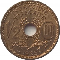 French Indochina coin 1/2 Cent (1935 - 1940) reverse reverse of 1/2 Cent (1935 - 1940) coin with KM# 20 from French Indochina. Inscription: INDOCHINE FRANÇAISE 1/2 CENT 1935