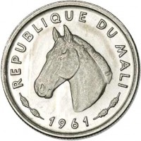 obverse of 10 Francs Maliens (1961) coin with KM# 3 from Mali. Inscription: REPUBLIQUE DU MALI 1961