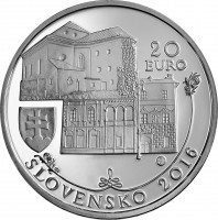 Slovakia coin 20 Euro - Historical Preservation Area of Banská Bystrica (2016) obverse obverse of 20 Euro - Historical Preservation Area of Banská Bystrica (2016) coin from Slovakia. Inscription: 20 EURO SLOVENSKO 2016