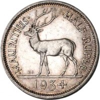 reverse of 1/2 Rupee - George V (1934) coin with KM# 16 from Mauritius. Inscription: · MAURITIUS · · HALF · RUPEE · 1934