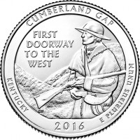 United States coin 1/4 Dollar - Cumberland Gap National Historical Park (2016) reverse reverse of 1/4 Dollar - Cumberland Gap National Historical Park (2016) coin with KM# 636 from United States. Inscription: CUMBERLAND GAP FIRST DOORWAY TO THE WEST KENTUCKY E PLURIBUS UNUM 2016