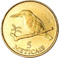 reverse of 5 Meticais (1994) coin with KM# 116 from Mozambique. Inscription: 5 METICAIS