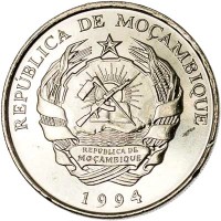 Mozambique coin 100 Meticais (1994) obverse obverse of 100 Meticais (1994) coin with KM# 120 from Mozambique. Inscription: REPUBLICA DE MOÇAMBIQUE REPÚBLICA DE MOÇAMBIQUE 1994