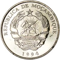 obverse of 100 Meticais (1994) coin with KM# 120 from Mozambique. Inscription: REPUBLICA DE MOÇAMBIQUE REPÚBLICA DE MOÇAMBIQUE 1994