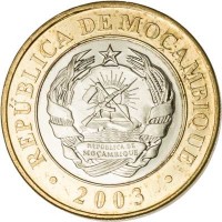 obverse of 10000 Meticais (2003) coin with KM# 131 from Mozambique. Inscription: REPUBLICA DE MOÇAMBIQUE REPÚBLICA DE MOÇAMBIQUE 2003