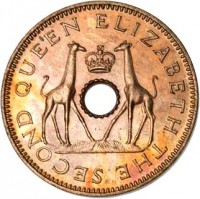 obverse of 1/2 Penny - Elizabeth II (1955 - 1964) coin with KM# 1 from Rhodesia and Nyasaland. Inscription: QUEEN ELIZABETH THE SECOND