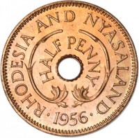 reverse of 1/2 Penny - Elizabeth II (1955 - 1964) coin with KM# 1 from Rhodesia and Nyasaland. Inscription: RHODESIA AND NYASALAND HALF PENNY · 1956 ·