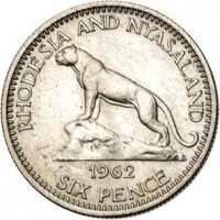 reverse of 6 Pence - Elizabeth II - 1'st Portrait (1955 - 1963) coin with KM# 4 from Rhodesia and Nyasaland. Inscription: RHODESIA AND NYASALAND 1962 SIX PENCE