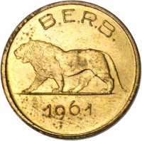 Ruanda-Urundi coin 1 Franc (1960 - 1964) obverse obverse of 1 Franc (1960 - 1964) coin with KM# 1 from Ruanda-Urundi. Inscription: B.E.R.B. 1961