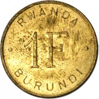 Ruanda-Urundi coin 1 Franc (1960 - 1964) reverse reverse of 1 Franc (1960 - 1964) coin with KM# 1 from Ruanda-Urundi. Inscription: RWANDA . 1F . BURUNDI