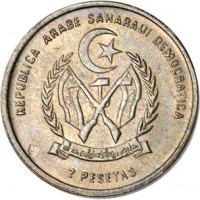 Western Sahara coin 2 Pesetas (1992) obverse obverse of 2 Pesetas (1992) coin with KM# 15 from Western Sahara. Inscription: REPUBLICA ARABE SAHARAUI DEMOCRATICA حرية ديمقراطية وحدة 2 PESETAS