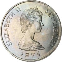 obverse of 10 Rupees - Elizabeth II - 2'nd Portrait (1974) coin with KM# 20 from Seychelles. Inscription: ELIZABETH II SEYCHELLES 1974
