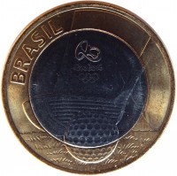obverse of 1 Real - Olympic Games Rio 2016: Golf (2014) coin with KM# 690 from Brazil. Inscription: BRASIL RIO 2016