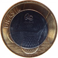 Brazil coin 1 Real - Olympic Games Rio 2016: Golf (2014) obverse obverse of 1 Real - Olympic Games Rio 2016: Golf (2014) coin with KM# 690 from Brazil. Inscription: BRASIL RIO 2016
