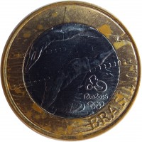 Brazil coin 1 Real - Olympic Games Rio 2016: Swimming (2014) obverse obverse of 1 Real - Olympic Games Rio 2016: Swimming (2014) coin with KM# 688 from Brazil. Inscription: RIO 2016 BRASIL