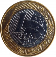 reverse of 1 Real - Olympic Games Rio 2016: Swimming (2014) coin with KM# 688 from Brazil. Inscription: 1 REAL 2014