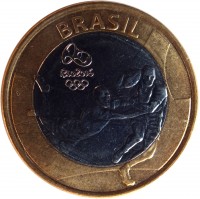 Brazil coin 1 Real - Olympic Games Rio 2016: Rugby (2015) obverse obverse of 1 Real - Olympic Games Rio 2016: Rugby (2015) coin with KM# 707 from Brazil. Inscription: BRASIL RIO 2016