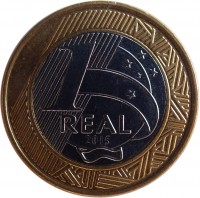 reverse of 1 Real - Olympic Games Rio 2016: Rugby (2015) coin with KM# 707 from Brazil. Inscription: 1 REAL 2015