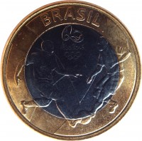 Brazil coin 1 Real - Olympic Games Rio 2016: Soccer (2015) obverse obverse of 1 Real - Olympic Games Rio 2016: Soccer (2015) coin with KM# 708 from Brazil. Inscription: BRASIL RIO 2016