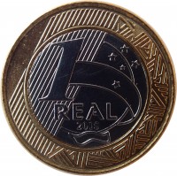 reverse of 1 Real - Olympic Games Rio 2016: Soccer (2015) coin with KM# 708 from Brazil. Inscription: 1 REAL 2015