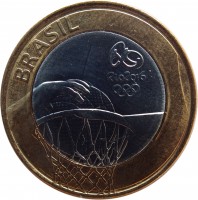 obverse of 1 Real - Olympic Games Rio 2016: Basketball (2015) coin with KM# 704 from Brazil. Inscription: BRASIL RIO 2016