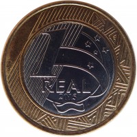 reverse of 1 Real - Olympic Games Rio 2016: Basketball (2015) coin with KM# 704 from Brazil. Inscription: 1 REAL 2015