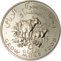 Somalia coin 5 Shillings - 2nd F.A.O. Conference (1970) reverse reverse of 5 Shillings - 2nd F.A.O. Conference (1970) coin with KM# 15 from Somalia. Inscription: أرفعوا محصولكم الزراعي 5 shillings ٥ شلنات GROW MORE FOOD