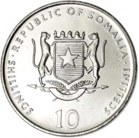 obverse of 10 Shillings - Chinese Zodiac: Rat (2000) coin with KM# 90 from Somalia. Inscription: · REPUBLIC OF SOMALIA · SHILLINGS 10 SCELLINI