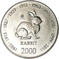 Somalia coin 10 Shillings - Chinese Zodiac: Rabbit (2000) reverse reverse of 10 Shillings - Chinese Zodiac: Rabbit (2000) coin with KM# 93 from Somalia. Inscription: 1903 · 1915 · 1927 · 1939 · 1951 · 1968 · 1975 · 1987 · 1999 · 2011 RABBIT 2000