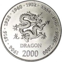 reverse of 10 Shillings - Chinese Zodiac: Dragon (2000) coin with KM# 94 from Somalia. Inscription: 1904 · 1916 · 1928 · 1940 · 1952 · 1964 · 1976 · 1988 · 2000 DRAGON 2000
