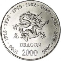 Somalia coin 10 Shillings - Chinese Zodiac: Dragon (2000) reverse reverse of 10 Shillings - Chinese Zodiac: Dragon (2000) coin with KM# 94 from Somalia. Inscription: 1904 · 1916 · 1928 · 1940 · 1952 · 1964 · 1976 · 1988 · 2000 DRAGON 2000