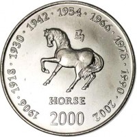 Somalia coin 10 Shillings - Chinese Zodiac: Horse (2000) reverse reverse of 10 Shillings - Chinese Zodiac: Horse (2000) coin with KM# 96 from Somalia. Inscription: 1906 · 1918 · 1930 · 1942 · 1954 · 1966 · 1978 · 1990 · 2002 HORSE 2000