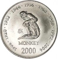 reverse of 10 Shillings - Chinese Zodiac: Monkey (2000) coin with KM# 98 from Somalia. Inscription: 1908 · 1920 · 1932 · 1944 · 1956 · 1968 · 1980 · 1992 · 2004 MONKEY 2000