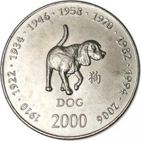 reverse of 10 Shillings - Chinese Zodiac: Dog (2000) coin with KM# 100 from Somalia. Inscription: 1910 · 1922 · 1934 · 1946 · 1958 · 1970 · 1982 · 1994 · 2006 DOG 2000
