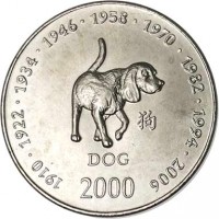 Somalia coin 10 Shillings - Chinese Zodiac: Dog (2000) reverse reverse of 10 Shillings - Chinese Zodiac: Dog (2000) coin with KM# 100 from Somalia. Inscription: 1910 · 1922 · 1934 · 1946 · 1958 · 1970 · 1982 · 1994 · 2006 DOG 2000