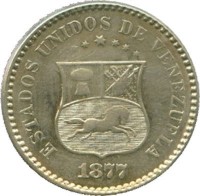 obverse of 1 Centavo (1876 - 1877) coin with Y# 25 from Venezuela. Inscription: ESTADOS UNIDOS DE VENEZUELA 1877